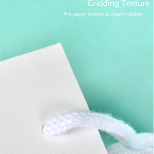May include: Close-up of a white paper bag corner with a textured grid pattern and a white rope handle. The text "Gridding Texture" and "The paper texture is clearly visible" are displayed on a teal background.