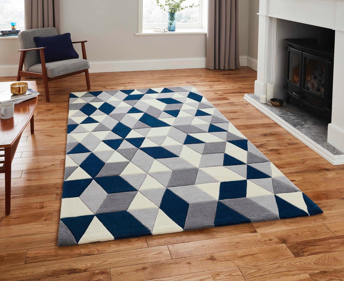 Navy and grey geometric style modern rug Etsy