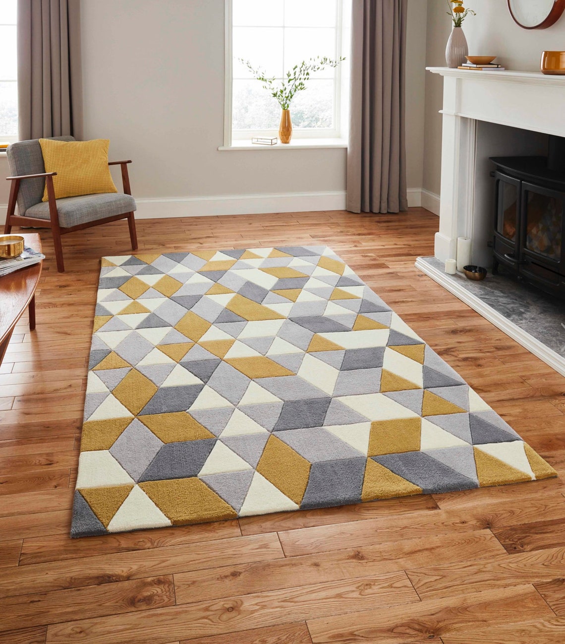 Grey and mustard geometric retro rug Etsy