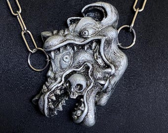Surrealistische Skulpturenkette, Cyberpunk-/Metallschmuck – „Heuchlerischer Wolf“
