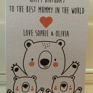 Personalised mummy birthday card, mummy bear, baby bear, best mummy, happy birthday