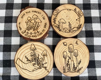 Set of 4 live edge coasters mushroom themed woodburned