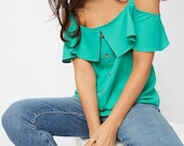 Green Mock Button Down Cold Shoulder Elegant Woven Blouse Top Vintage Retro Style Clothing Apparel