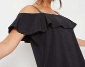 Black Embellished Strap Cold Shoulder Glam Blouse Top Vintage Retro Style Clothing Apparel
