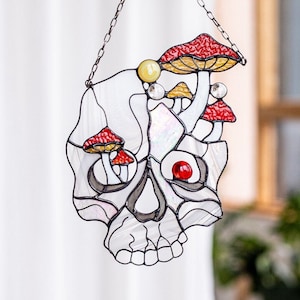 Gothic Suncatcher Skull Amanita Stained Glass Horror Picture Home Decor Halloween Spooky Window Wall Hanging Cling Witch gift