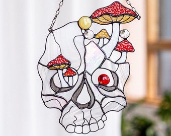 Gothic Suncatcher Skull Amanita Stained Glass Horror Picture Home Decor Halloween Spooky Window Wall Hanging Cling Witch gift