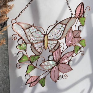 Pink Suncatcher Monarch Butterfly Flowers Stained Glass Picture Home Decor Window Wall Hanging Mother's Day gift, Spring Cottage Core Decor