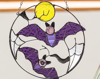 Purple Stained Glass Bat Suncatcher | Spooky Halloween Home Patio Decor | Scary Bat's Gothic Art