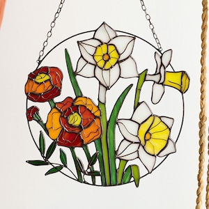 Daffodils and marigold flowers Suncatcher. Stained glass Window Wall Teacher Hangings. Mother’s day gift