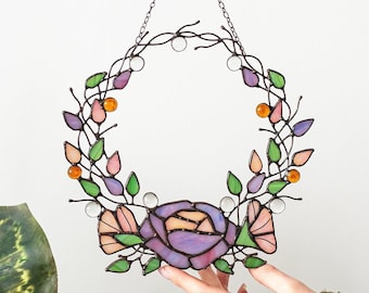 Geschenk für Mutter, Oma Geschenk, Kränze für Haustür Suncatcher Lila Blumen Wohnkultur Fenster Wandbehänge Kunst Glasmalerei