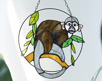 Capuchin little monkey stained glass window hangings, Suncatcher wall art decor, funny memorial gift