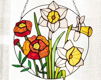 Kalifornischer Mohn Narzissen Suncatcher. Glasmalerei Wohnkultur Garten Fenster Wand Lehrer Behänge. Geschenk zum Muttertag