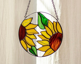 Sunflower Flower Suncatcher. Stained glass Home Decor Panel Pendant Garden Window Wall Hangings. Grandma Ukraine gift shops, Mothers gift