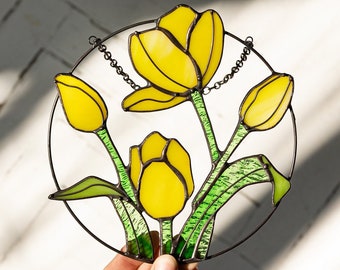 Yellow Flower Suncatcher Tulips. Stained glass Home Decor Spring Decoration Window Wall Hangings, Mothers gift