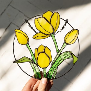 Yellow Flower Suncatcher Tulips. Stained glass Home Decor Spring Decoration Window Wall Hangings, Mothers gift