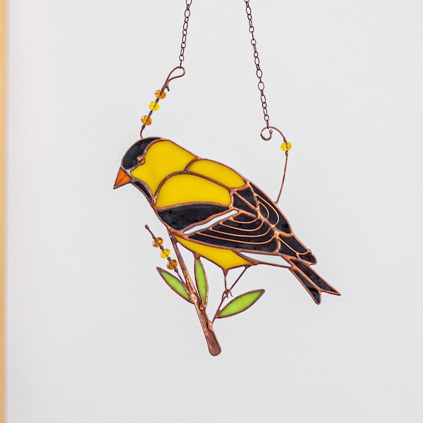 Gold Finch Stain Glass Bird Pan Yellow Suncatcher Home Decor | Nature Inspired Window Wall Hanging | Gift for Mom Grandma