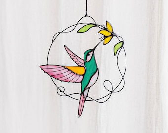Mother's gift Pink Blue Hummingbird Suncatcher Bird. Home House Pendant. Wall Window Hangings Stained glass Art Decor grandma