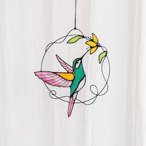 Mother's gift Pink Blue Hummingbird Suncatcher Bird. Home House Pendant. Wall Window Hangings Stained glass Art Decor grandma