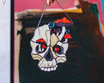 Stained Glass Spooky Suncatcher | Skull Amanita  Horror Picture Home Decor | Gothic Valentine Mothers Day Gift