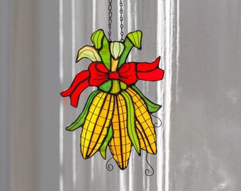 Yellow corn Suncatcher. Stained glass Home Decor Pendant Garden Window Wall Teacher Hangings. Maize mothers day gift