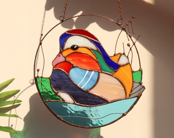 Mandarin Duck Suncatcher. Nature Ornament Garden Bird. Home House Panel Pendant. Wall Window Hangings Stain Glass Art Decor grandma