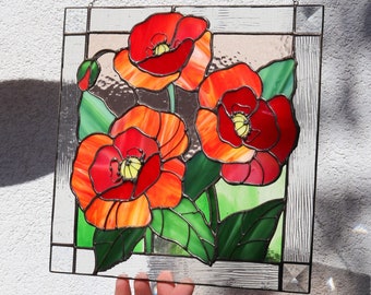 Poppies Flower Red Suncatcher. Stained glass Home Decor Panel Pendant Garden Window Wall Hangings Gift. Remembrance gift