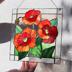 Poppies Flower Red Suncatcher. Stained glass Home Decor Panel Pendant Garden Window Wall Hangings Gift. Remembrance gift