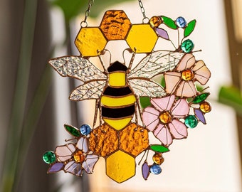 Yellow Suncatcher Honeycomb Stain Glass Home House Decor Panel Spring Window Wall Hanging Corner, mothers day gift for grandma