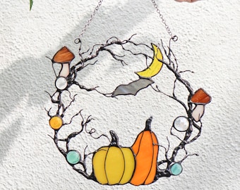 Autumn Stained Glass Wreath | Pumpkins Handmade Suncatcher | Gift for Mom Grandma