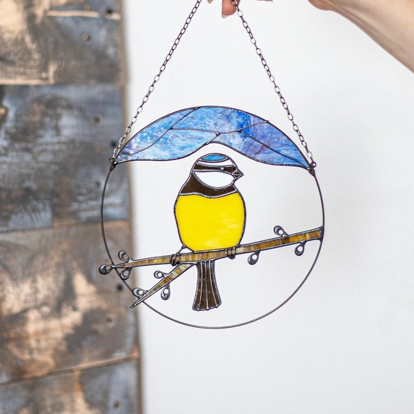 Décor de maison jaune bleu Suncatcher vitrail mésange oiseau vivant Art Suncatcher maison tentures mésange