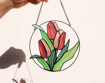 Red Flower Suncatcher Tulip. Stained glass Home Decor Panel Pendant Garden Window Wall Hangings. Mothers grandma day gift. Mothers gift