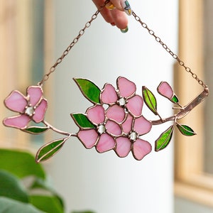 Pink Dogwood Cornus Flower Suncatcher. Stained glass Home House Panel Pendant Window Wall Hangings Decoration Mothers Gift Living Room Decor