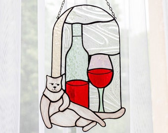 Suncatcher Cat Wine Funny Stain Glass Picture Home House Decor Ornament Spring Window Wall Hanging Cling Pendant Mothers gift
