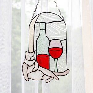 Suncatcher Cat Wine Funny Stain Glass Picture Home House Decor Ornament Spring Window Wall Hanging Cling Pendant Mothers gift