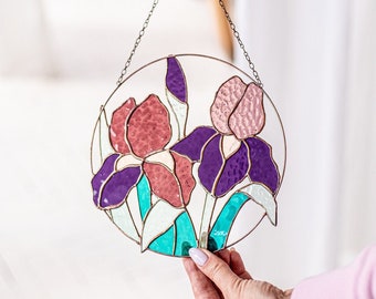 Purple Iris Flower Suncatcher. Stained glass Home Decor Floral Garden Window Wall Teacher Hangings. Mother’s day gift