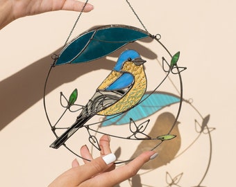 Blue Stain Glass Yellow Finch Chaffinch Bird Suncatcher Home House Decor. Window Wall Hangings, Mothers day gift from son
