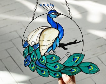 Suncatcher Peacock Stained Glass Picture Home House Decor Bird Window Wall Hanging Peafowl, Grandma gift, Mother’s day gift