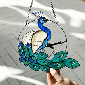 Suncatcher Peacock Stained Glass Picture Home House Decor Bird Window Wall Hanging Peafowl, Grandma gift, Mother’s day gift