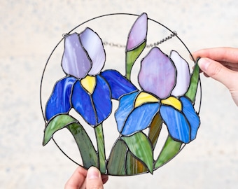 Blue Purple Irises Flower Suncatcher. Stained glass Home Decor Floral Pendant Garden Window Wall Teacher Hangings. Mother’s day gift