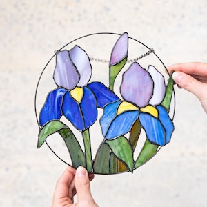 Blue Purple Irises Flower Suncatcher. Stained glass Home Decor Floral Pendant Garden Window Wall Teacher Hangings. Mother’s day gift