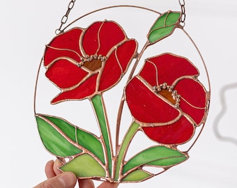 Mother's Day Gift Red Poppies Stain Glass Suncatcher, Glass Art Decor, Wall Hanging Suncatcher, Window Hanging, Indoor Outdoor Decor