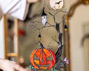 Gothic Suncatcher Pumpkin | Mystical Tree Stained Glass Horror Picture | Window Wall Hanging Home Decor | Mothers Day Gift