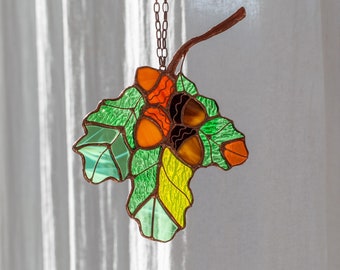 Green Suncatcher Branch of acorns. Home Decor Plant. Window Wall Hangings. Stained glass Mothers gift