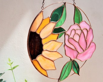 Sunflower Rose Flower Suncatcher. Stained glass peony Home Decor Pendant Window Wall Hangings. Orange pink decorations. Mother’s sister gift