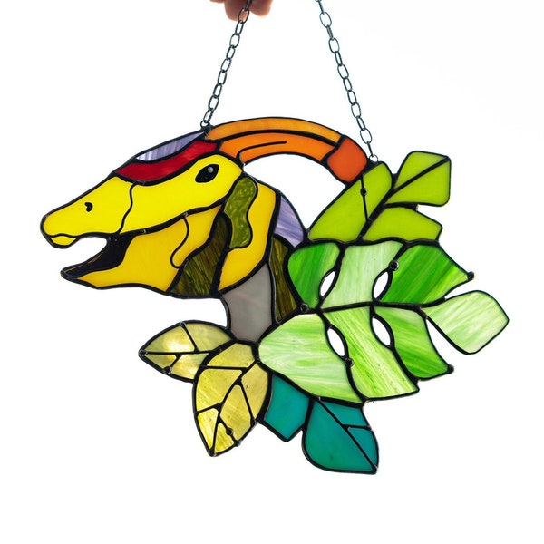 Suncatcher Dinosaur Parasaurolophus Stained glass Nature Ornament Monstera Animal Home House Wall Window Hanging Decor Decoration