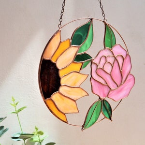 Sunflower Rose Flower Suncatcher. Stained glass peony Home Decor Pendant Window Wall Hangings. Orange pink decorations. Mother’s sister gift