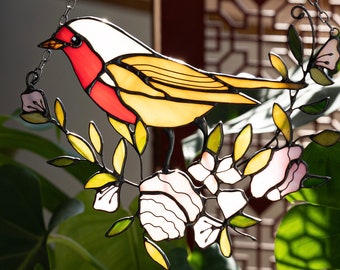 Suncatcher Flowers with bird Stained Glass Picture Home House Decor Window Wall Hanging, Grandma gift, Mother’s day gift