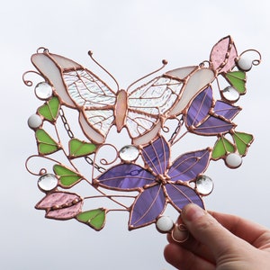 Stained Glass Monarch Butterfly Pink Suncatcher Flowers Picture Home House Decor Window Wall Hanging Light Cling Pendant Grandma gift