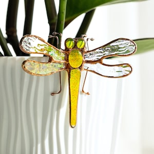 May include: A decorative stained glass dragonfly in shades of yellow and green, positioned near a houseplant. The dragonfly features a yellow body, green eyes, and clear, textured wings. The wings are framed with a copper-toned metal.