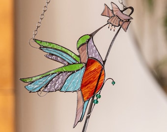 Fluttering Beauty Stained Glass Hummingbird Suncatcher. Wall Hanging Panel. Indoor Outdoor Decor. Mother's Day Decor
